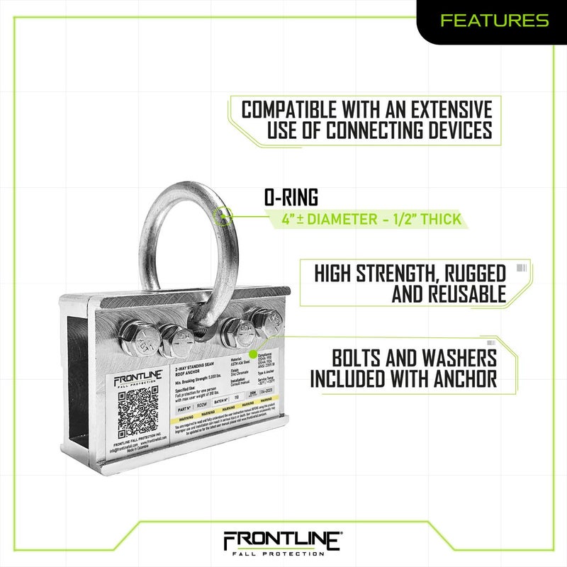 FRONTLINE FALL PROTECTION Frontline RO2W 2-Way Standing Seam Roof Anchor Clamp | Rugged, Reusable & Compact | OSHA & ANSI Compliant Steel anchor | Strength Rating: 5,000 lbs | Bolts and washers included - Image 4